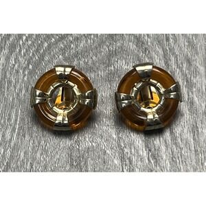 Vintage Sarah Coventry Amber Brown Lucite Donut Clip-On Earrings Gold Tone Round